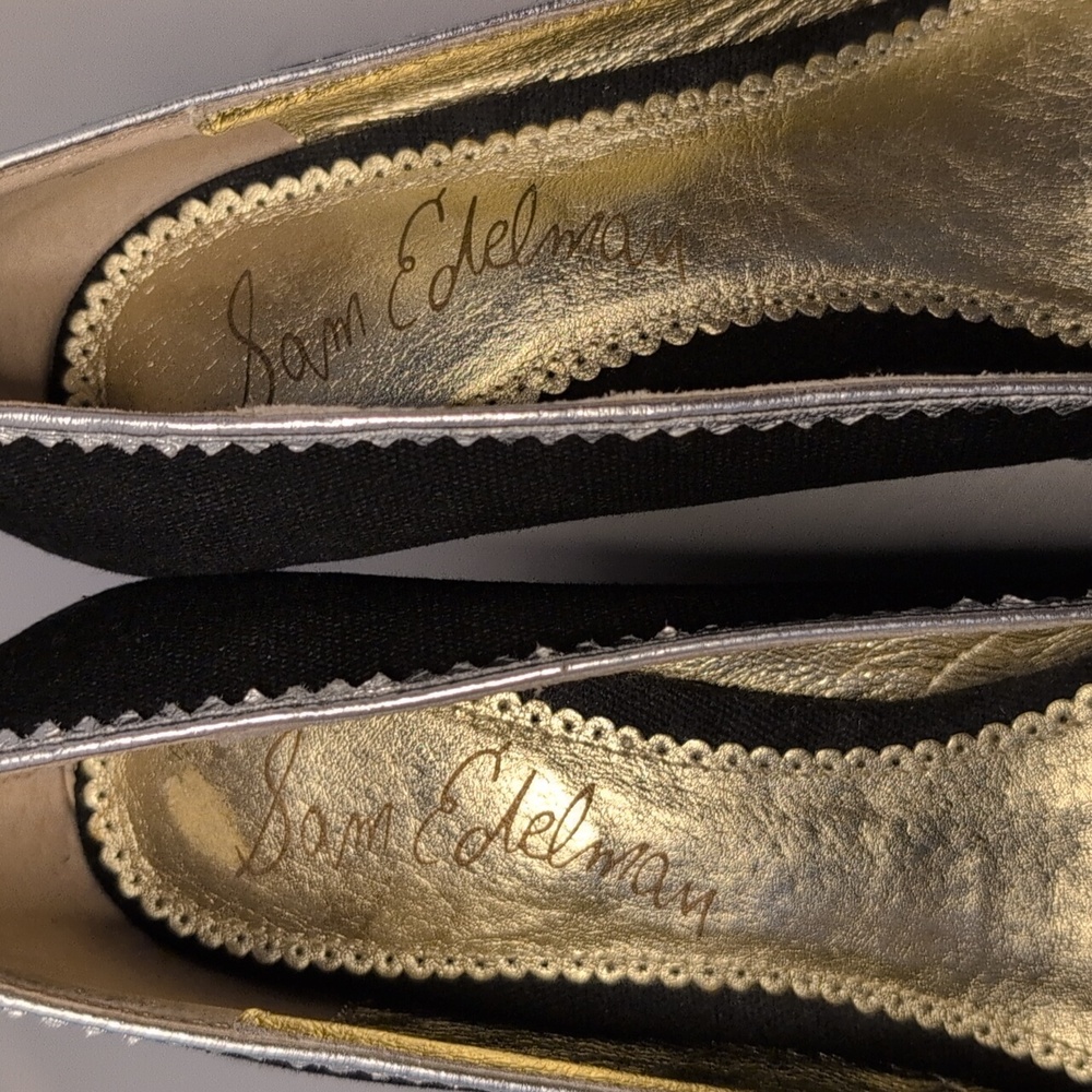Sam Edelman Black & Silver Canvas Peep Toe Wedge Heels - Picture 8 of 16